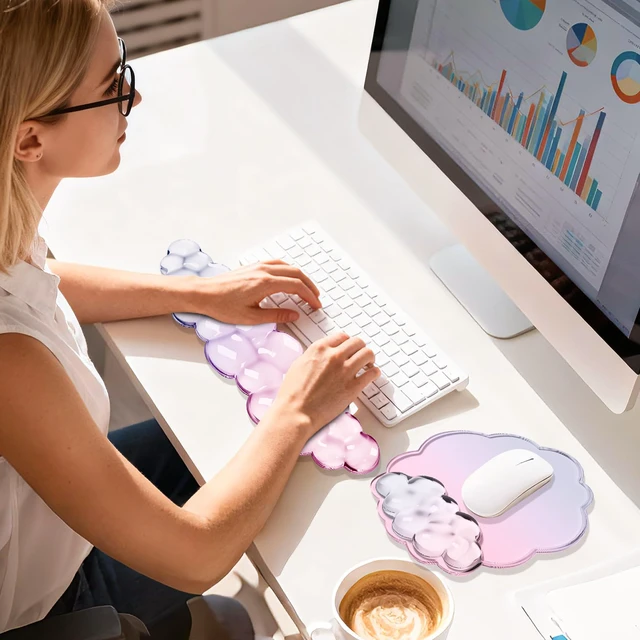Alt view image 6 of 6 - Gel Keyboard and Mouse Wrist Rest Set for Computer, Gradient Pink Cloud Mouse Pad with Wrist Rest, Ergonomic Design, Waterproof, Non-Slip, Easy to Clean, Typing Comfort for Office and Gaming