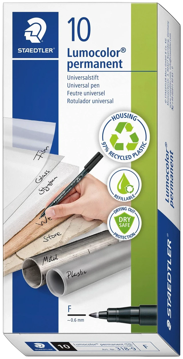 Main image of Fiber Tip Pen, Permanent, Fine Point, Black Ink, 10 pieces Waterproof, smudge-resistant fine-tip ink, quick-drying for left-handers, DRY SAFE Art.-Nr. 318-9