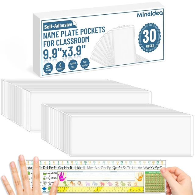 Main image of 30 PCS Nameplate Pockets, 9.9" x 3.9" Self Adhesive Desk Name Tag Sleeves, Thicken PVC, Wrinkles Free and Easy Remove Name Tag Holder for Classroom Student Desk Bins
