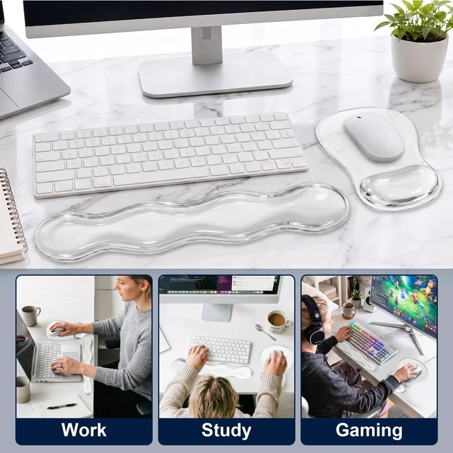 Alt view image 6 of 7 - Gel Keyboard and Mouse Wrist Rest Set for Computer, Clear Wavy Mouse Pad with Wrist Rest, Ergonomic Design, Waterproof, Non-Slip, Easy to Clean, Typing Comfort for Office and Gaming