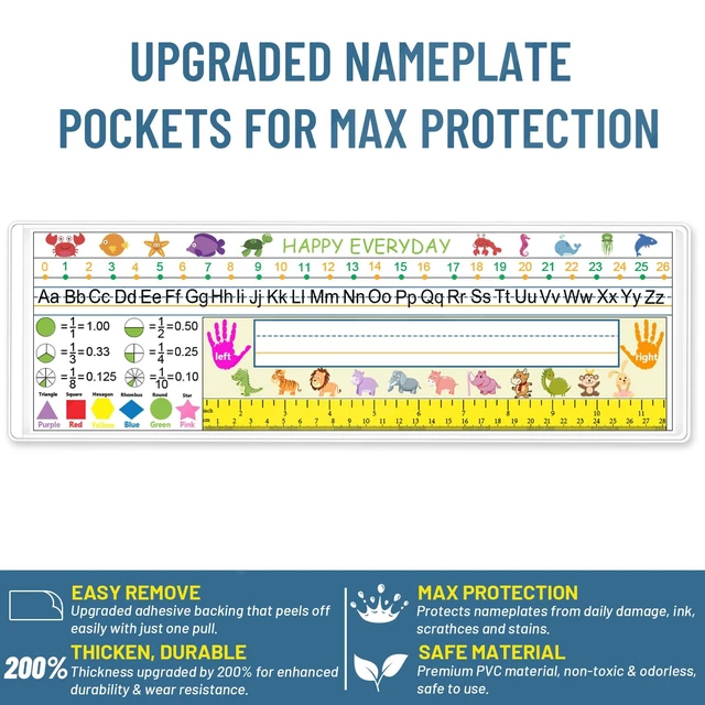 Alt view image 3 of 7 - 30 PCS Nameplate Pockets, 9.9" x 3.9" Self Adhesive Desk Name Tag Sleeves, Thicken PVC, Wrinkles Free and Easy Remove Name Tag Holder for Classroom Student Desk Bins