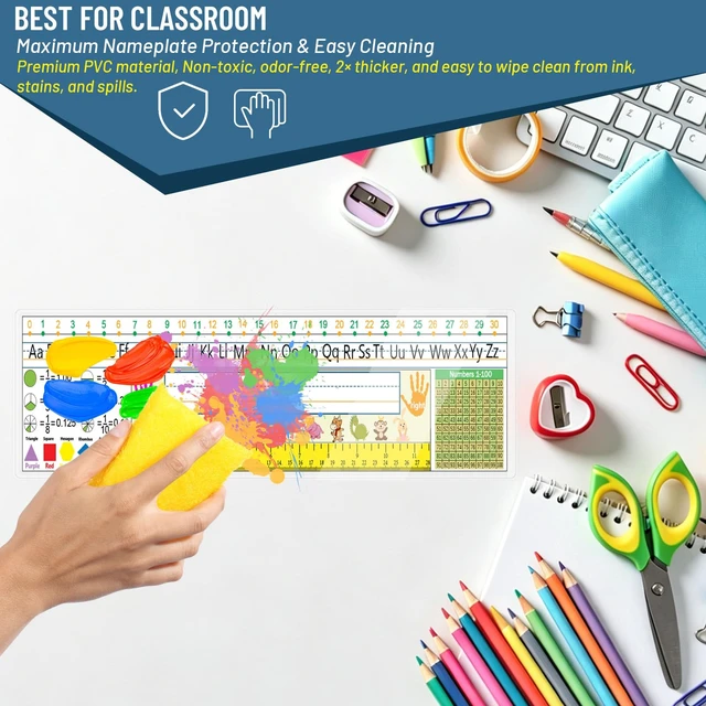 Alt view image 6 of 7 - 30 PCS Nameplate Pockets, 9.9" x 3.9" Self Adhesive Desk Name Tag Sleeves, Thicken PVC, Wrinkles Free and Easy Remove Name Tag Holder for Classroom Student Desk Bins