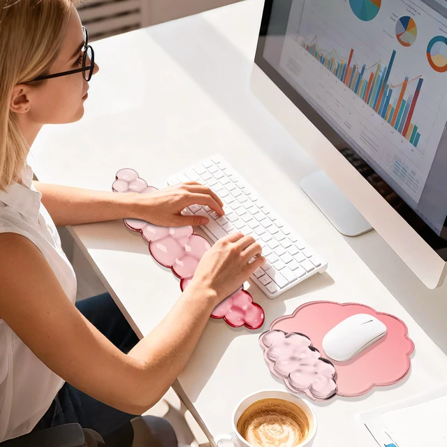 Alt view image 6 of 6 - Gel Keyboard and Mouse Wrist Rest Set for Computer, Gradient Rose Red Cloud Mouse Pad with Wrist Rest, Ergonomic Design, Waterproof, Non-Slip, Easy to Clean, Typing Comfort for Office and Gaming