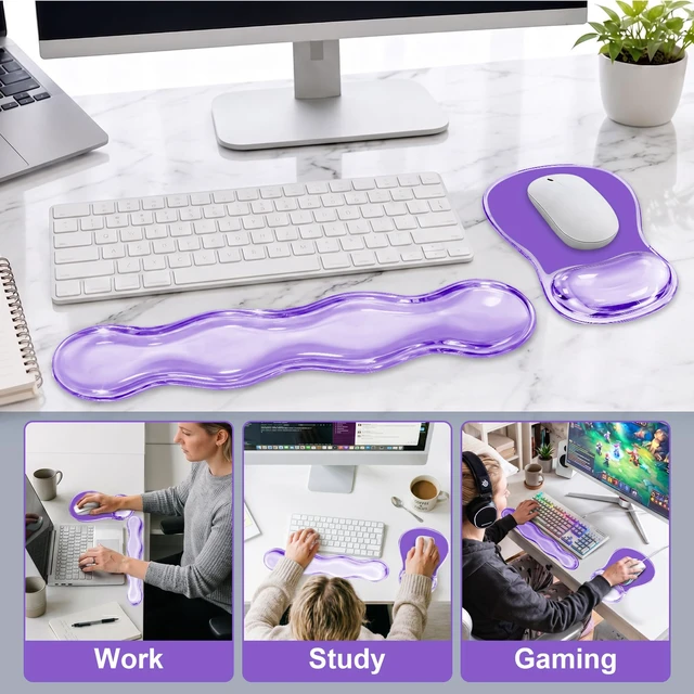 Alt view image 6 of 7 - Gel Keyboard and Mouse Wrist Rest Set for Computer, Purple Wavy Mouse Pad with Wrist Rest, Ergonomic Design, Waterproof, Non-Slip, Easy to Clean, Typing Comfort for Office and Gaming