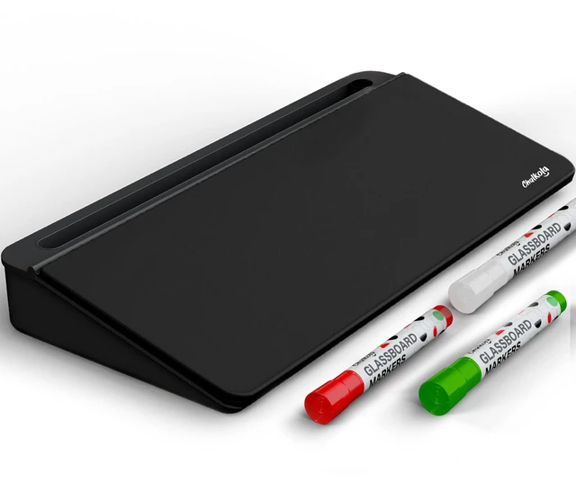 Main image of Black Glass Desktop Whiteboard with Storage - Desk Organizer Buddy Dry Erase Board, Work Desk Organizers, Computer Keyboard Stand, Home Office Accessories, Workspace Desktop Buddy + 3 Markers