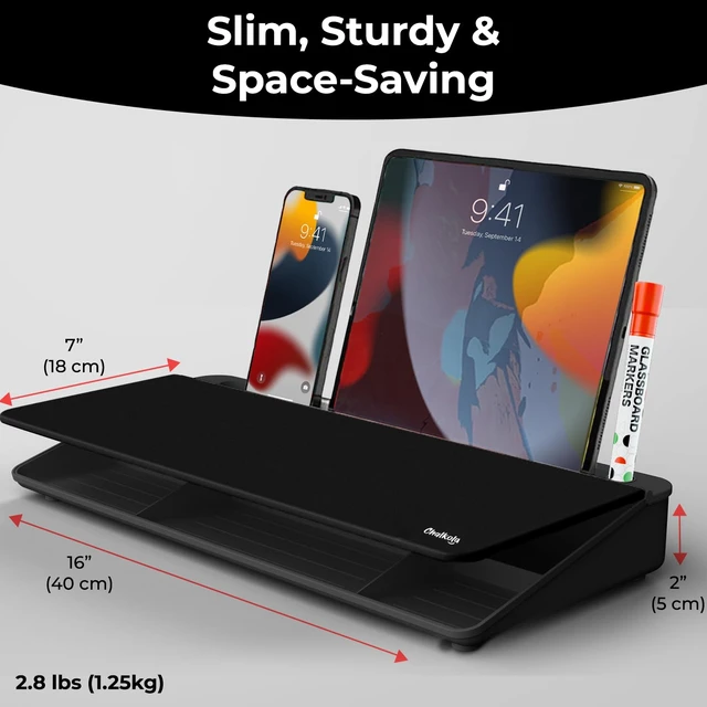 Alt view image 2 of 7 - Black Glass Desktop Whiteboard with Storage - Desk Organizer Buddy Dry Erase Board, Work Desk Organizers, Computer Keyboard Stand, Home Office Accessories, Workspace Desktop Buddy + 3 Markers