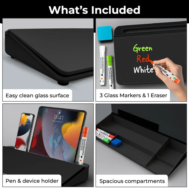 Alt view image 3 of 7 - Black Glass Desktop Whiteboard with Storage - Desk Organizer Buddy Dry Erase Board, Work Desk Organizers, Computer Keyboard Stand, Home Office Accessories, Workspace Desktop Buddy + 3 Markers