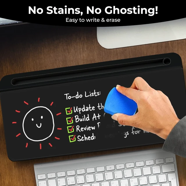 Alt view image 4 of 7 - Black Glass Desktop Whiteboard with Storage - Desk Organizer Buddy Dry Erase Board, Work Desk Organizers, Computer Keyboard Stand, Home Office Accessories, Workspace Desktop Buddy + 3 Markers