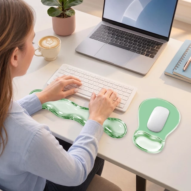 Alt view image 6 of 6 - Gel Keyboard and Mouse Wrist Rest Set for Computer, Green Wavy Mouse Pad with Wrist Rest, Ergonomic Design, Waterproof, Non-Slip, Easy to Clean, Typing Comfort for Office and Gaming