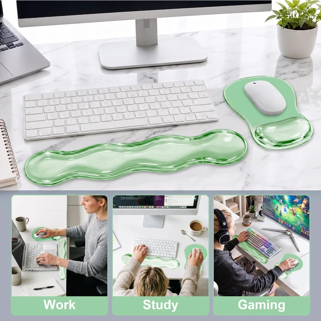 Alt view image 5 of 6 - Gel Keyboard and Mouse Wrist Rest Set for Computer, Green Wavy Mouse Pad with Wrist Rest, Ergonomic Design, Waterproof, Non-Slip, Easy to Clean, Typing Comfort for Office and Gaming