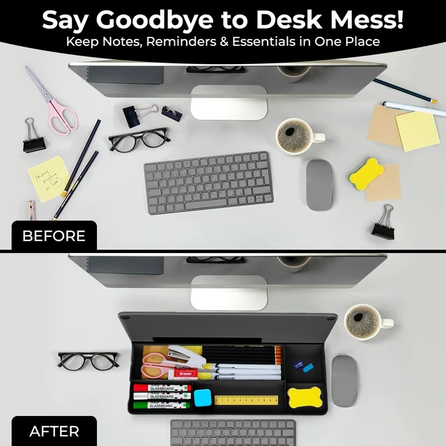 Alt view image 6 of 7 - Black Glass Desktop Whiteboard with Storage - Desk Organizer Buddy Dry Erase Board, Work Desk Organizers, Computer Keyboard Stand, Home Office Accessories, Workspace Desktop Buddy + 3 Markers