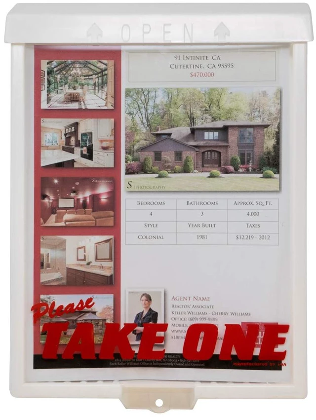 Main image of Outdoor Real Estate Brochure Box with Snap Shut Lid, Take One Document Holder Can Hold 100, 8.5 x 11 Documents, Flyers, Literature and Other Outdoor Marketing Needs