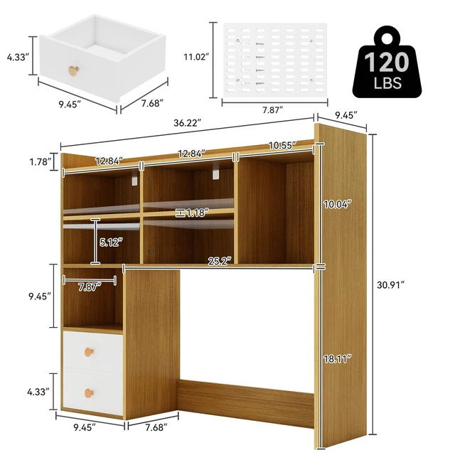 Alt view image 2 of 7 - Desktop Bookshelf, Desk Shelf for Computer Desk, 36.2, 7 Tier,Oak 2 Drawers, Adjustable Shelf, Desktop Hutch Organizer, Wood Display Rack, Countertop Storage, Home Office, College Dorm, White