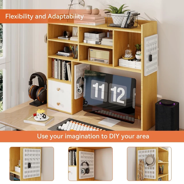 Alt view image 3 of 7 - Desktop Bookshelf, Desk Shelf for Computer Desk, 36.2, 7 Tier,Oak 2 Drawers, Adjustable Shelf, Desktop Hutch Organizer, Wood Display Rack, Countertop Storage, Home Office, College Dorm, White