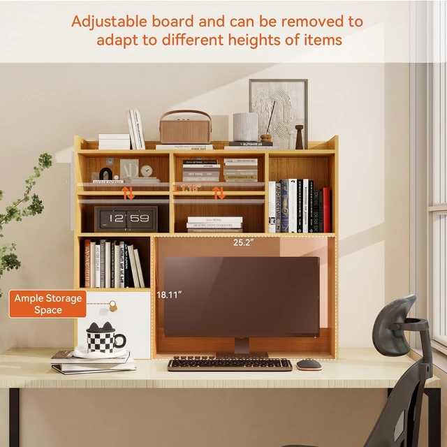 Alt view image 4 of 7 - Desktop Bookshelf, Desk Shelf for Computer Desk, 36.2, 7 Tier,Oak 2 Drawers, Adjustable Shelf, Desktop Hutch Organizer, Wood Display Rack, Countertop Storage, Home Office, College Dorm, White
