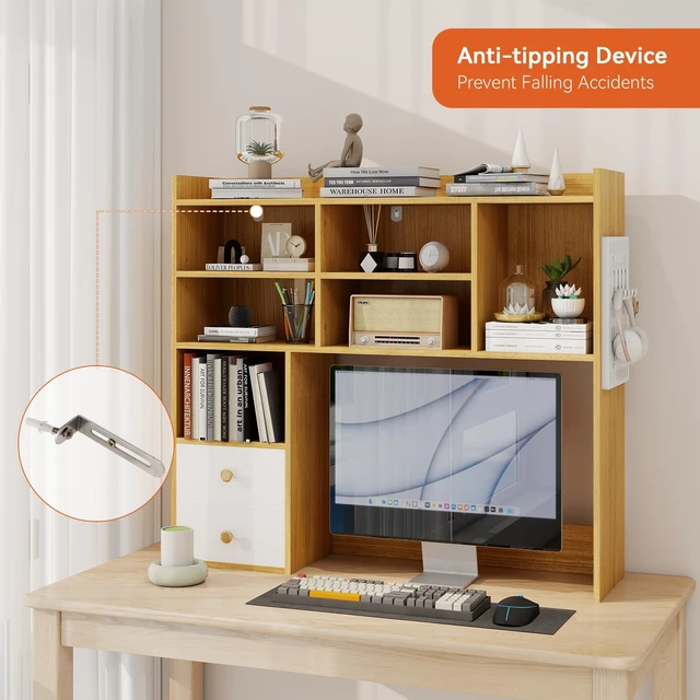 Alt view image 5 of 7 - Desktop Bookshelf, Desk Shelf for Computer Desk, 36.2, 7 Tier,Oak 2 Drawers, Adjustable Shelf, Desktop Hutch Organizer, Wood Display Rack, Countertop Storage, Home Office, College Dorm, White