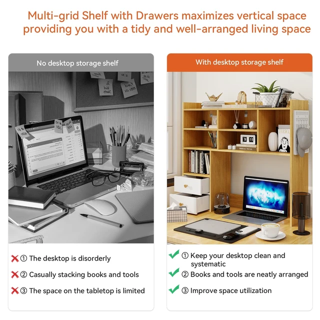 Alt view image 7 of 7 - Desktop Bookshelf, Desk Shelf for Computer Desk, 36.2, 7 Tier,Oak 2 Drawers, Adjustable Shelf, Desktop Hutch Organizer, Wood Display Rack, Countertop Storage, Home Office, College Dorm, White