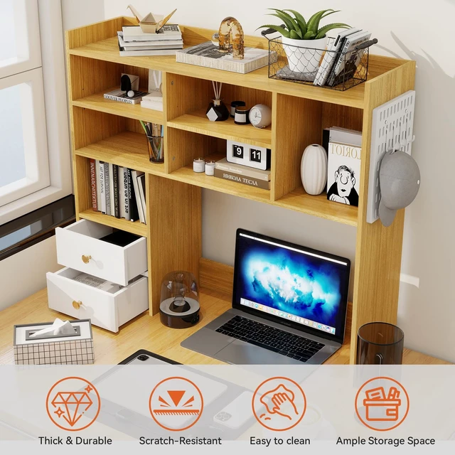 Alt view image 6 of 7 - Desktop Bookshelf, Desk Shelf for Computer Desk, 36.2, 7 Tier,Oak 2 Drawers, Adjustable Shelf, Desktop Hutch Organizer, Wood Display Rack, Countertop Storage, Home Office, College Dorm, White
