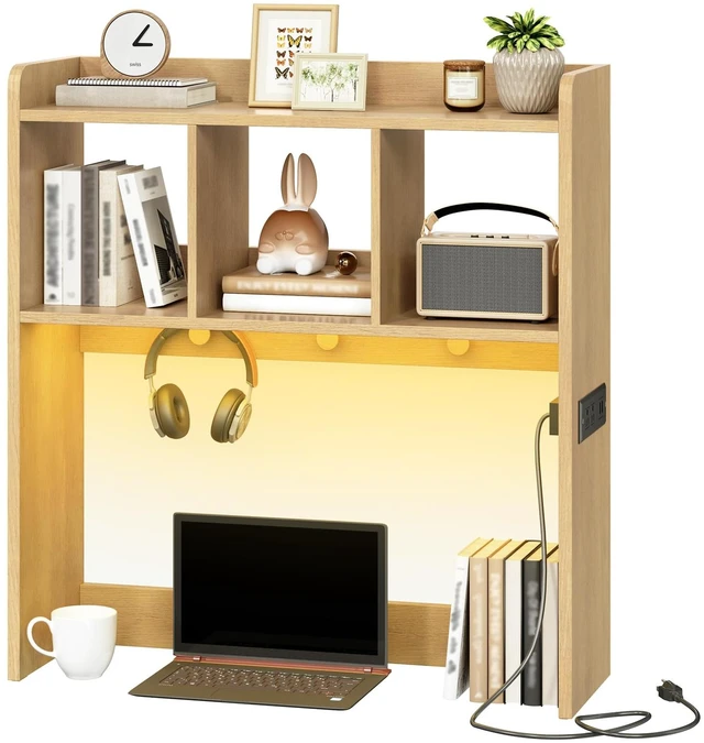 Main image of Desktop Bookshelf, Office Desktop Shelf, Desk Hutch with Outlets, Wooden Office Desktop Bookcase, Desktop Organizer Shelf with LED Light Strip and 3 Hooks, for Home, Study, Natural NL12UDSJ01