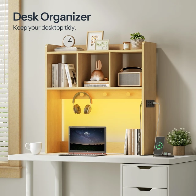 Alt view image 2 of 7 - Desktop Bookshelf, Office Desktop Shelf, Desk Hutch with Outlets, Wooden Office Desktop Bookcase, Desktop Organizer Shelf with LED Light Strip and 3 Hooks, for Home, Study, Natural NL12UDSJ01