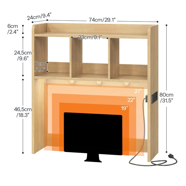 Alt view image 3 of 7 - Desktop Bookshelf, Office Desktop Shelf, Desk Hutch with Outlets, Wooden Office Desktop Bookcase, Desktop Organizer Shelf with LED Light Strip and 3 Hooks, for Home, Study, Natural NL12UDSJ01
