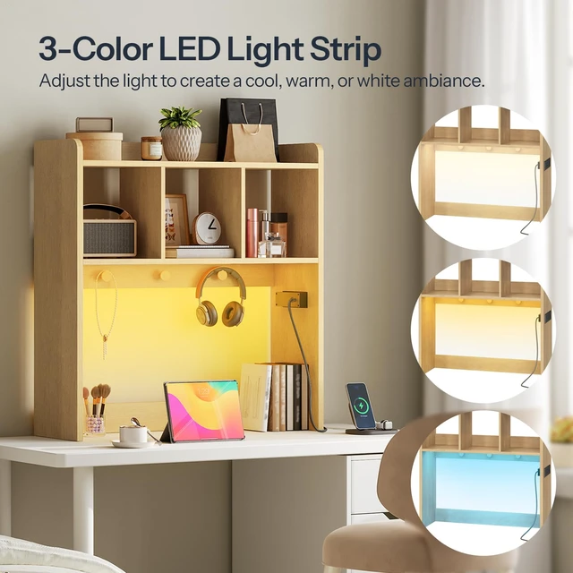 Alt view image 4 of 7 - Desktop Bookshelf, Office Desktop Shelf, Desk Hutch with Outlets, Wooden Office Desktop Bookcase, Desktop Organizer Shelf with LED Light Strip and 3 Hooks, for Home, Study, Natural NL12UDSJ01