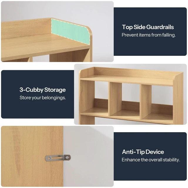 Alt view image 6 of 7 - Desktop Bookshelf, Office Desktop Shelf, Desk Hutch with Outlets, Wooden Office Desktop Bookcase, Desktop Organizer Shelf with LED Light Strip and 3 Hooks, for Home, Study, Natural NL12UDSJ01