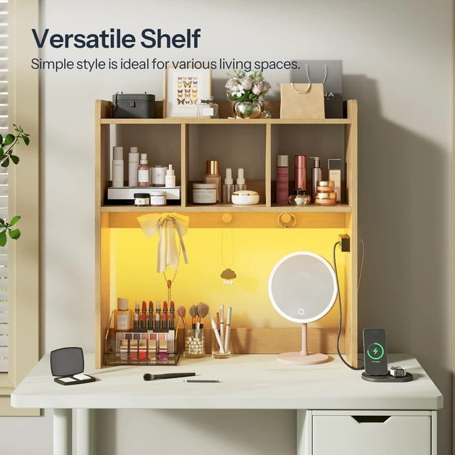 Alt view image 7 of 7 - Desktop Bookshelf, Office Desktop Shelf, Desk Hutch with Outlets, Wooden Office Desktop Bookcase, Desktop Organizer Shelf with LED Light Strip and 3 Hooks, for Home, Study, Natural NL12UDSJ01