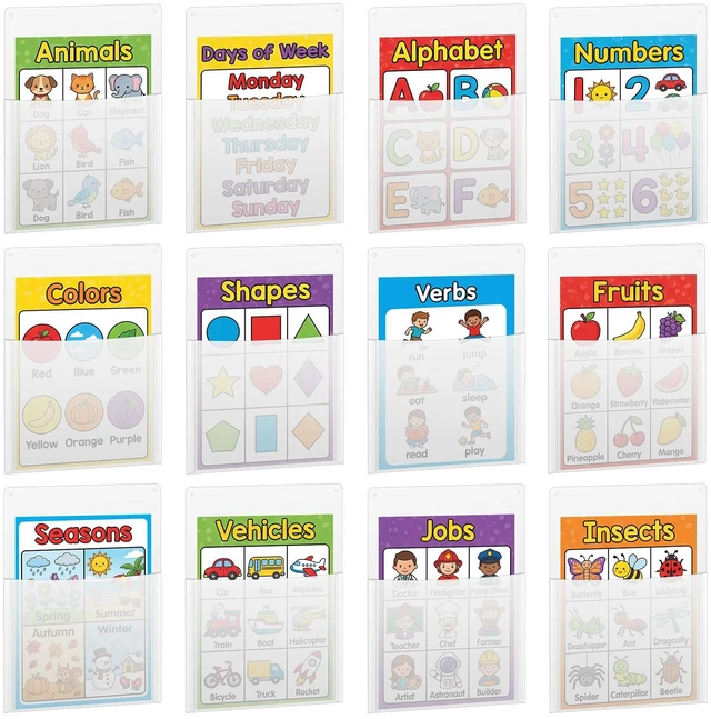 Main image of 12 Pcs Clear Plastic Wall Pockets 12.6" x 9.4" File Holder Bulletin Boards Pockets, Hanging Wall Mounted, Mail Organizer, Classroom Office Supplies Storage, Back to School