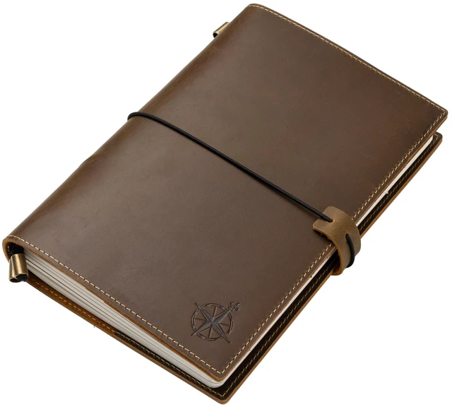 Main image of A5 Refillable Journal Notebook with Pockets Genuine Brown Leather 6" x 8.5" (15 x 22cm) with 120 GSM Blank Inserts