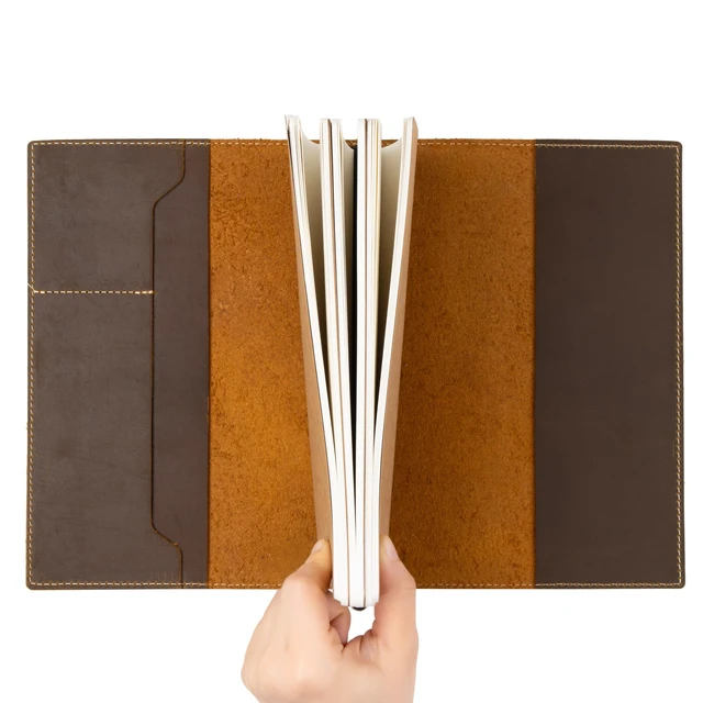Alt view image 2 of 7 - A5 Refillable Journal Notebook with Pockets Genuine Brown Leather 6" x 8.5" (15 x 22cm) with 120 GSM Blank Inserts