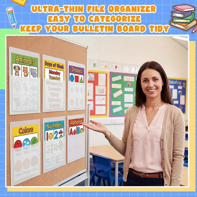 Alt view image 5 of 6 - 12 Pcs Clear Plastic Wall Pockets 12.6" x 9.4" File Holder Bulletin Boards Pockets, Hanging Wall Mounted, Mail Organizer, Classroom Office Supplies Storage, Back to School
