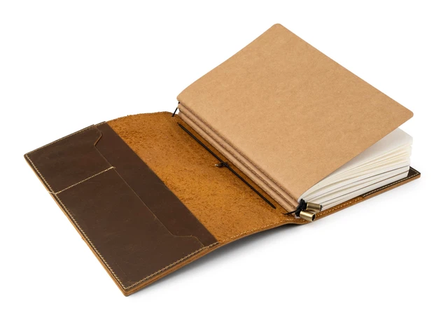 Alt view image 4 of 7 - A5 Refillable Journal Notebook with Pockets Genuine Brown Leather 6" x 8.5" (15 x 22cm) with 120 GSM Blank Inserts