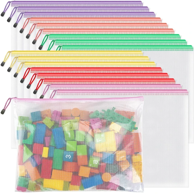 Main image of A3 Mesh Zipper Pouch Bags, 18 Pack Large Organizer Bags, 6 Colors Large Capacity Storage, Fits Puzzles, Crafts, Documents and Supplies for Home, School and Office Organization