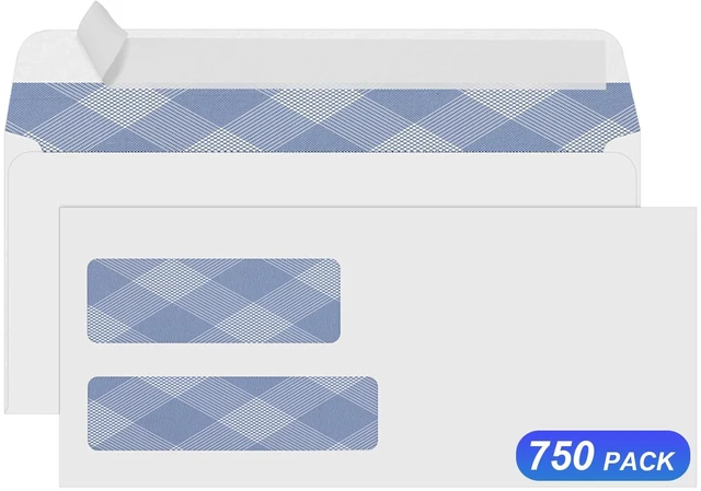 Main image of 750 Pack #9 Double Window Self-Seal Envelopes, Security Tinted Size 3 7/8 X 8 7/8 Inch, For Quickbooks Invoices, Business Statements & Documents, 24 LB Paper