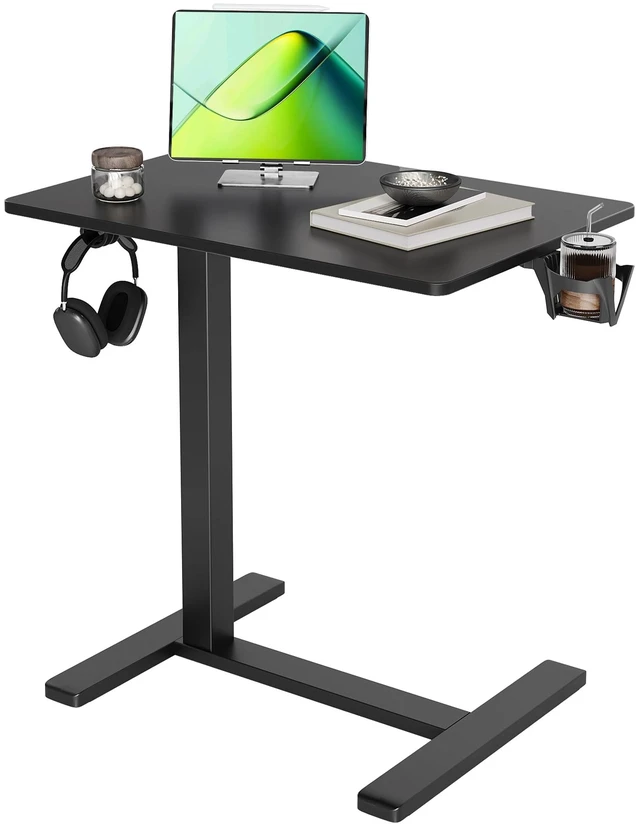 Main image of Mobile Rolling Desk Small Portable Laptop Cart Bedside, 26" Black Rolling Adjustable Desk, Lockable Wheels, Gas Spring Lift, Side Hook, Easy Assembly