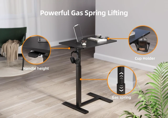 Alt view image 4 of 7 - Mobile Rolling Desk Small Portable Laptop Cart Bedside, 26" Black Rolling Adjustable Desk, Lockable Wheels, Gas Spring Lift, Side Hook, Easy Assembly
