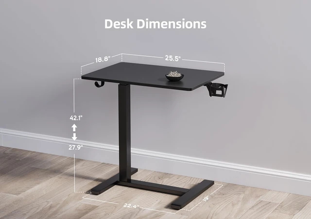 Alt view image 3 of 7 - Mobile Rolling Desk Small Portable Laptop Cart Bedside, 26" Black Rolling Adjustable Desk, Lockable Wheels, Gas Spring Lift, Side Hook, Easy Assembly