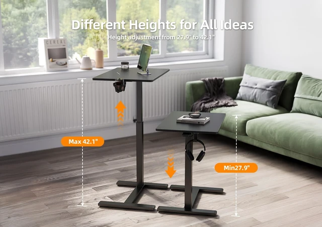 Alt view image 7 of 7 - Mobile Rolling Desk Small Portable Laptop Cart Bedside, 26" Black Rolling Adjustable Desk, Lockable Wheels, Gas Spring Lift, Side Hook, Easy Assembly