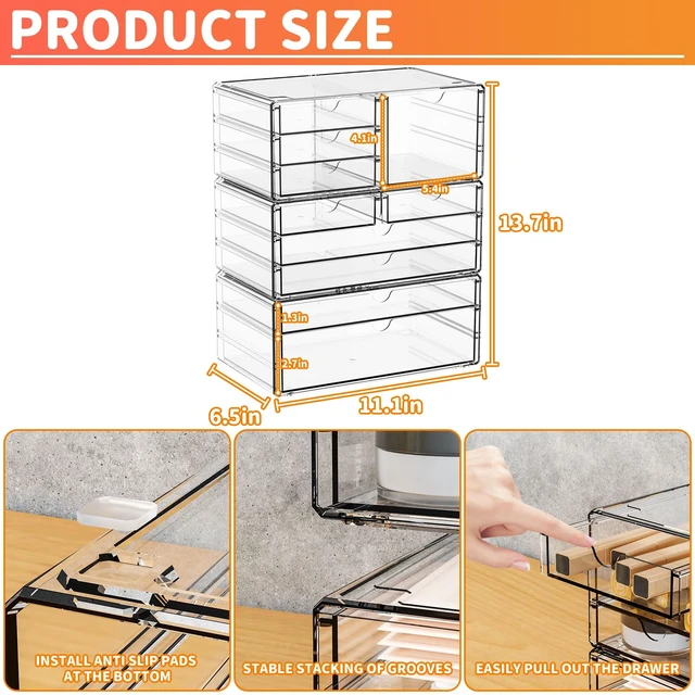 Alt view image 3 of 7 - 3Pack Clear Drawer Organizers Stackable,Acrylic Storage Drawers With 10 Drawers,Multipurpose Office Supply Organizer and Makeup Organizer for Beauty,Craft,Pen,Medical,Stationary Desk Organizers