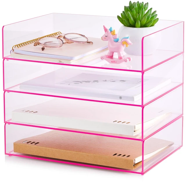 Main image of 4 Tier Paper Organizer Letter Tray Pink Acrylic Desk File Organizer Heavy Duty Stackable Documents Clear Letter Paper Holder Office Tray for A4, Office Classroom Home File Pad Notebooks