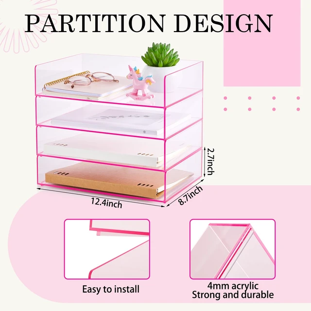 Alt view image 2 of 7 - 4 Tier Paper Organizer Letter Tray Pink Acrylic Desk File Organizer Heavy Duty Stackable Documents Clear Letter Paper Holder Office Tray for A4, Office Classroom Home File Pad Notebooks