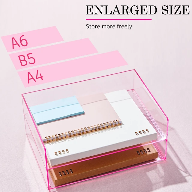 Alt view image 4 of 7 - 4 Tier Paper Organizer Letter Tray Pink Acrylic Desk File Organizer Heavy Duty Stackable Documents Clear Letter Paper Holder Office Tray for A4, Office Classroom Home File Pad Notebooks