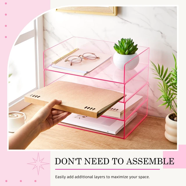 Alt view image 3 of 7 - 4 Tier Paper Organizer Letter Tray Pink Acrylic Desk File Organizer Heavy Duty Stackable Documents Clear Letter Paper Holder Office Tray for A4, Office Classroom Home File Pad Notebooks