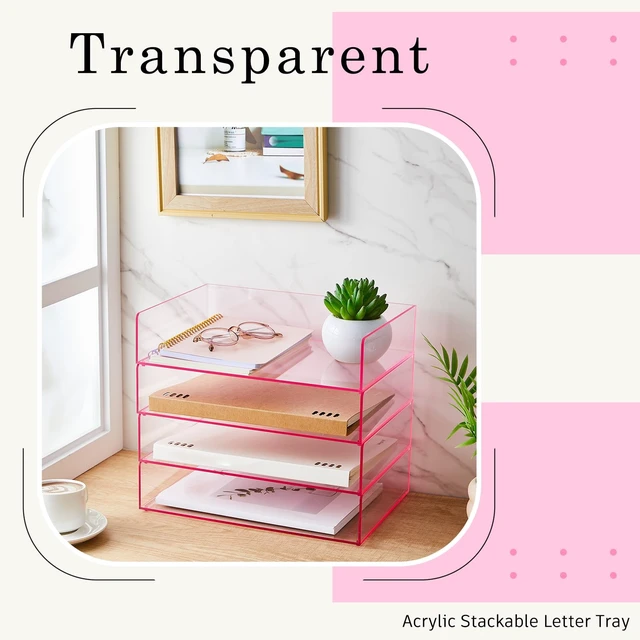 Alt view image 5 of 7 - 4 Tier Paper Organizer Letter Tray Pink Acrylic Desk File Organizer Heavy Duty Stackable Documents Clear Letter Paper Holder Office Tray for A4, Office Classroom Home File Pad Notebooks