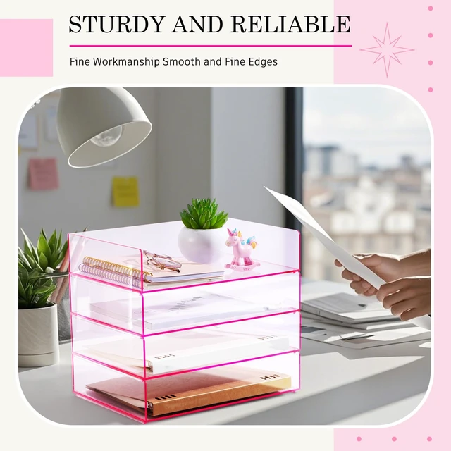Alt view image 6 of 7 - 4 Tier Paper Organizer Letter Tray Pink Acrylic Desk File Organizer Heavy Duty Stackable Documents Clear Letter Paper Holder Office Tray for A4, Office Classroom Home File Pad Notebooks