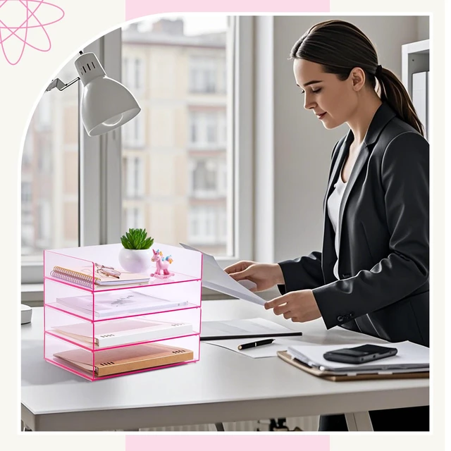 Alt view image 7 of 7 - 4 Tier Paper Organizer Letter Tray Pink Acrylic Desk File Organizer Heavy Duty Stackable Documents Clear Letter Paper Holder Office Tray for A4, Office Classroom Home File Pad Notebooks