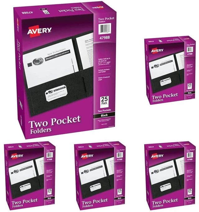 Main image of ® Two Pocket Folders, Holds up to 40 Sheets, Business Card Slot, 25 Black Folders (47988), (Pack of 5)