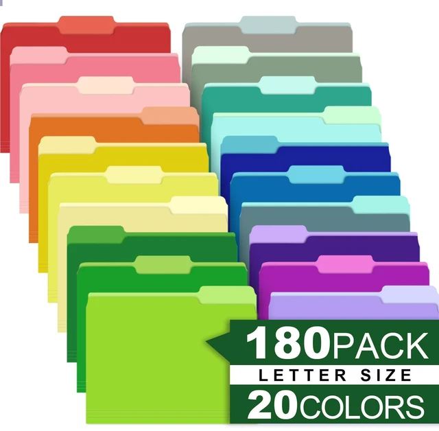 Main image of 180 Pack Colored File Folders,20 Colors File Folders Letter Size Manilla Folders 8.5 x 11,1/3 Cut Tab Filing Folders for Office School Business Documents Files Paper