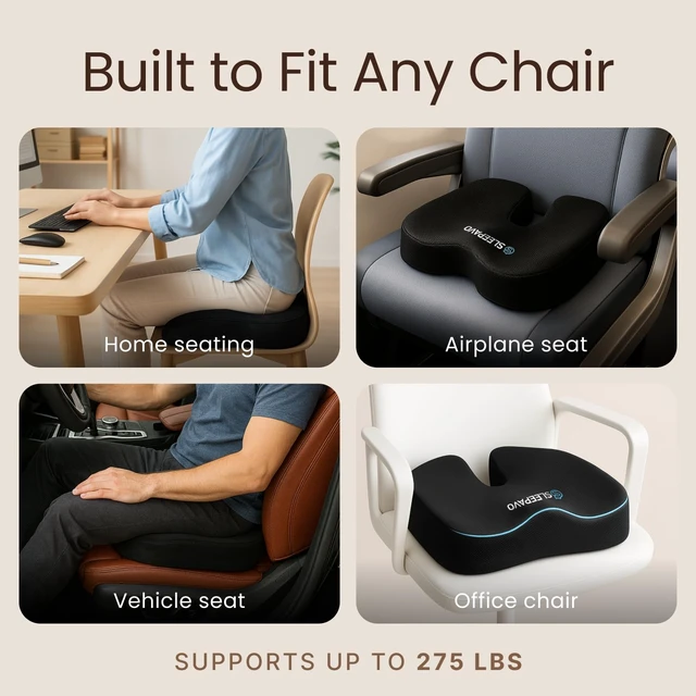 Alt view image 6 of 7 - Office Chair Cushion, Seat Cushion for Tailbone Pain Relief Butt Butt Pillow for Coccyx Sciatica Support, Orthopedic Lumbar Pad, Lower Back Pillow for Office Desk, Car and Airplane, Black